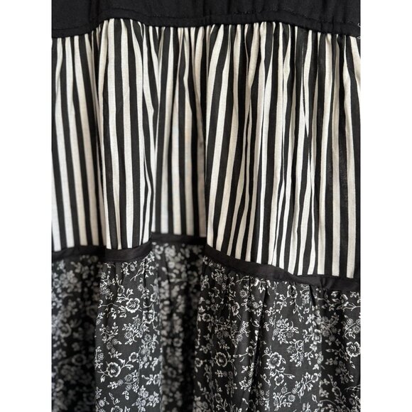 VTG PKs Closet Patchwork Fit & Flare Tiered Dress Sz 12 Black White Artsy Boho - Picture 6 of 9